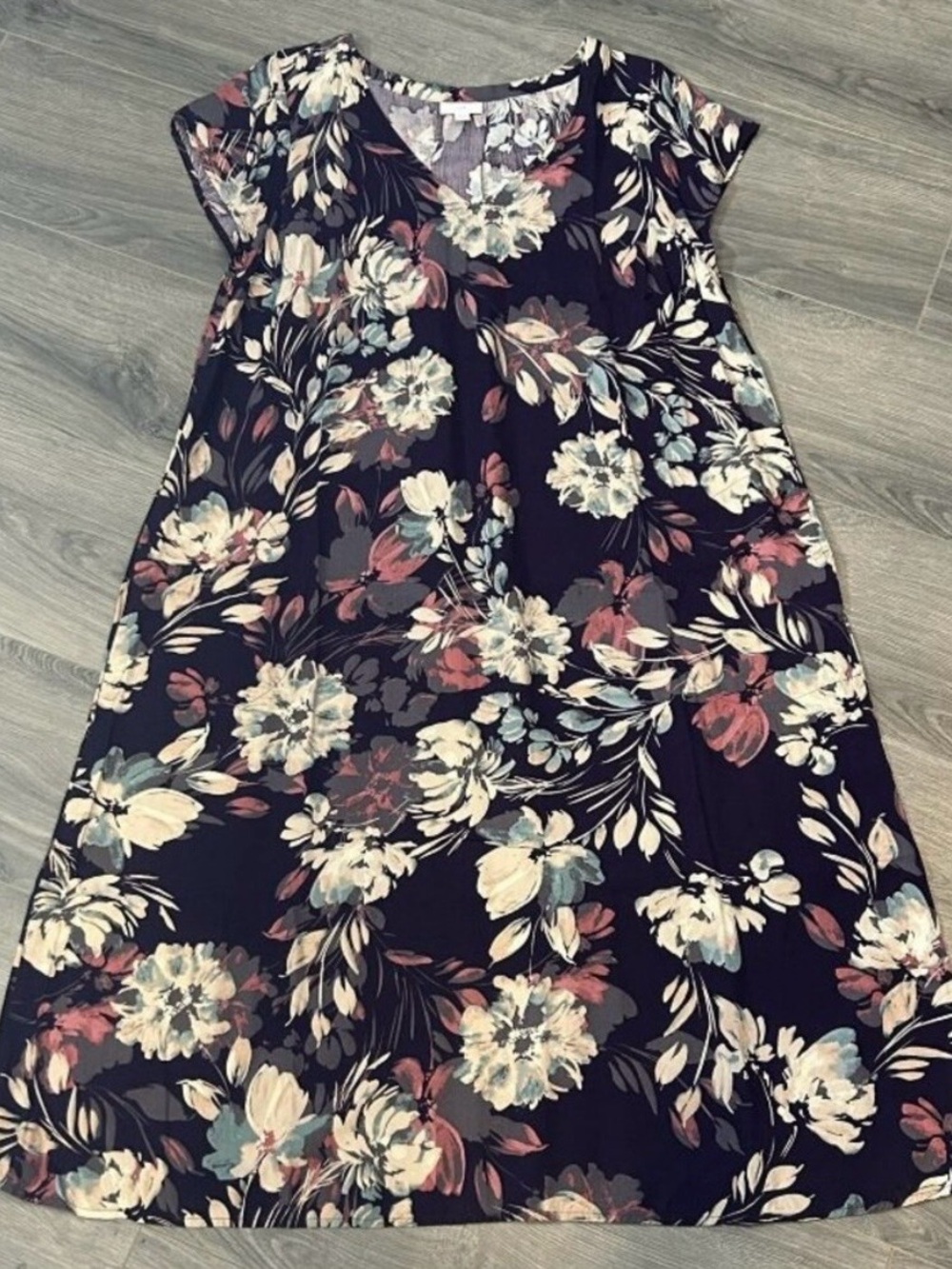 J. Jill Navy Floral V-Neck Midi Dress with Pockets!